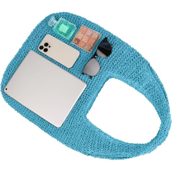 Women's Blue Large Straw Beach Bag Handmade Woven Shoulder Hobo Tote Handbag - Picture 4 of 5